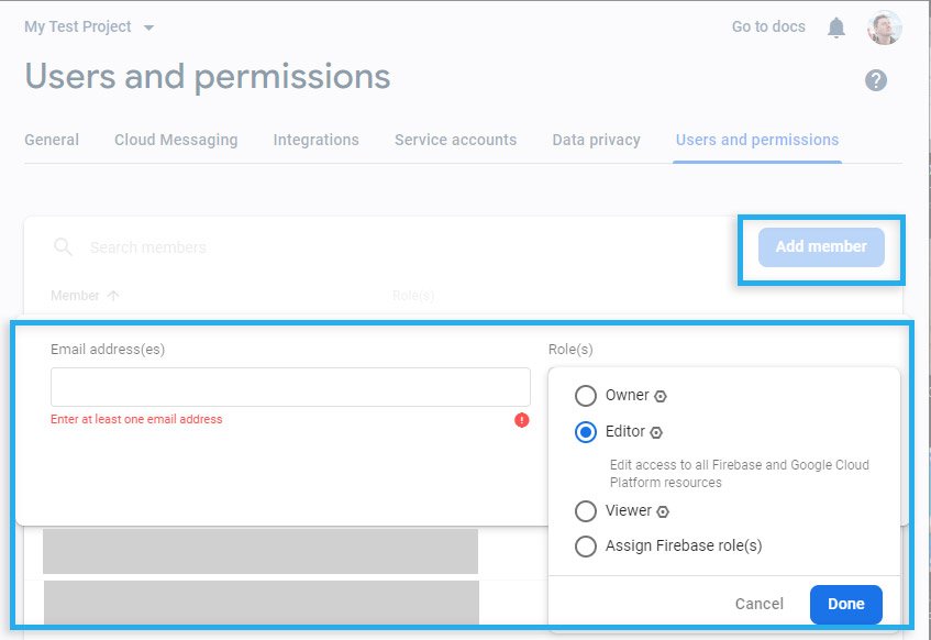 Firebase project / User and Permissions / Add user & Role