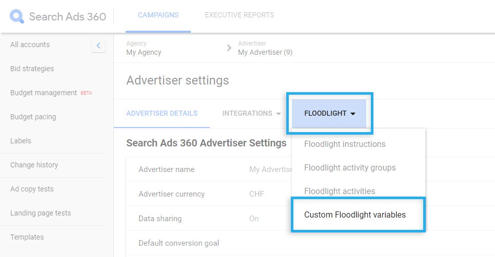 Google Search Ads 360 / Advertiser Settings / Custom Floodlight Variables