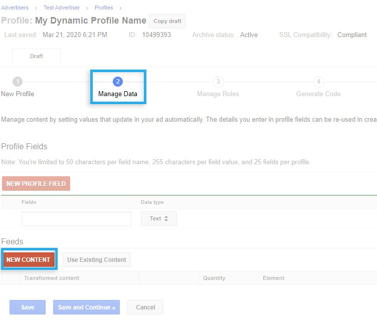 Dynamic Profile / Manage Data / Add new Content
