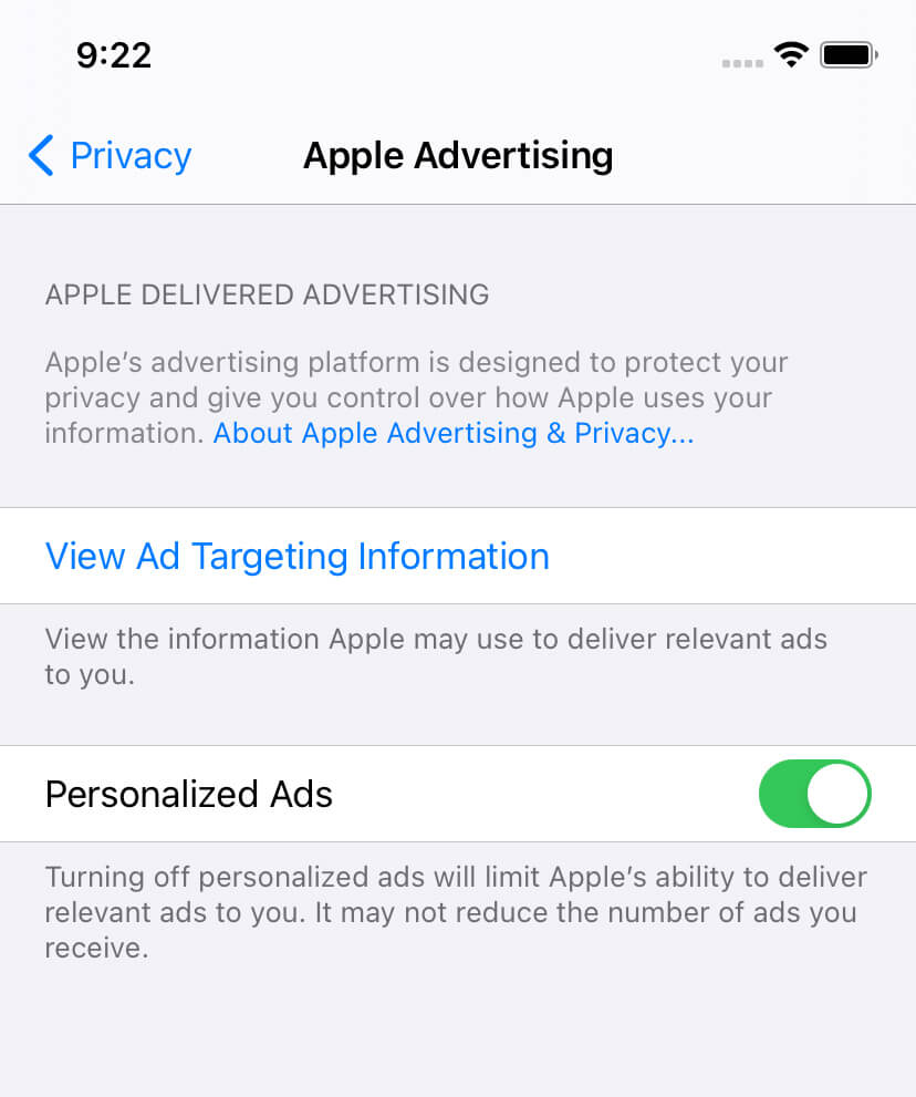 iOS 14 / Settings / Privacy / Apple Advertising