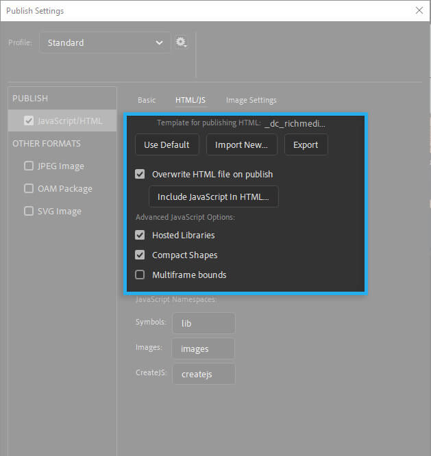 Adobe Animate CC / Publish Settings / HTML/JS