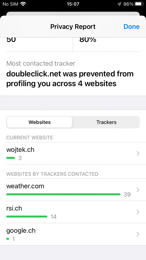 iOS 15 / Safari / Privacy Report / Blocked trackers on the websites