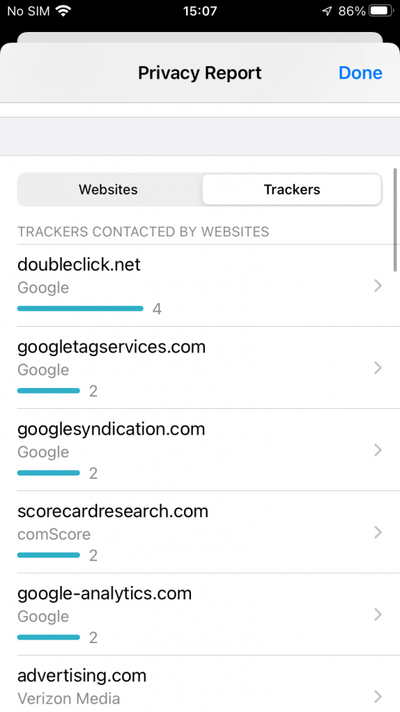 iOS 15 / Safari / Privacy Report / 차단 된 추적기