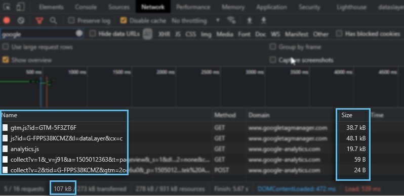Google Chrome / Network / Google Analytics Requests
